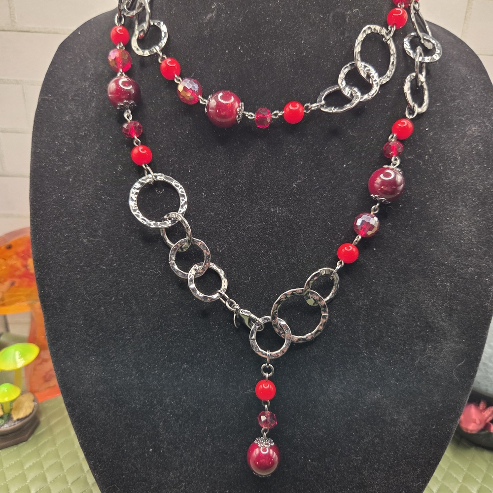 966. Red Beaded Multi-Chain Necklace